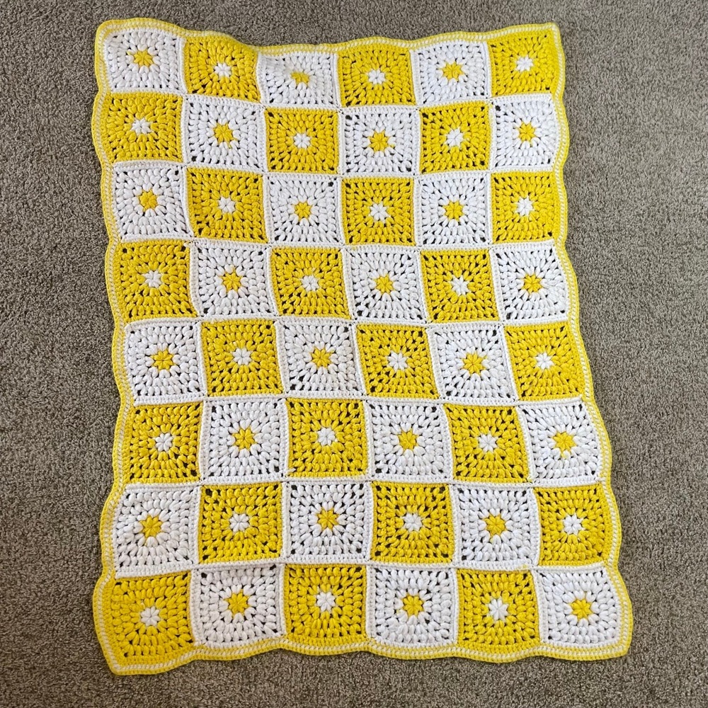 Handmade Crochet Granny Square Blanket Yellow White Throw 48x36